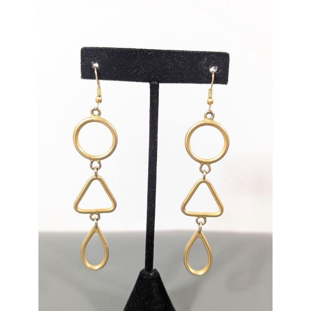 Gold Tone Matte Geometric Stacked Dangle Earrings Long Pierced